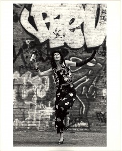 GRoth_b&w dancing in front of grafitti with walkman